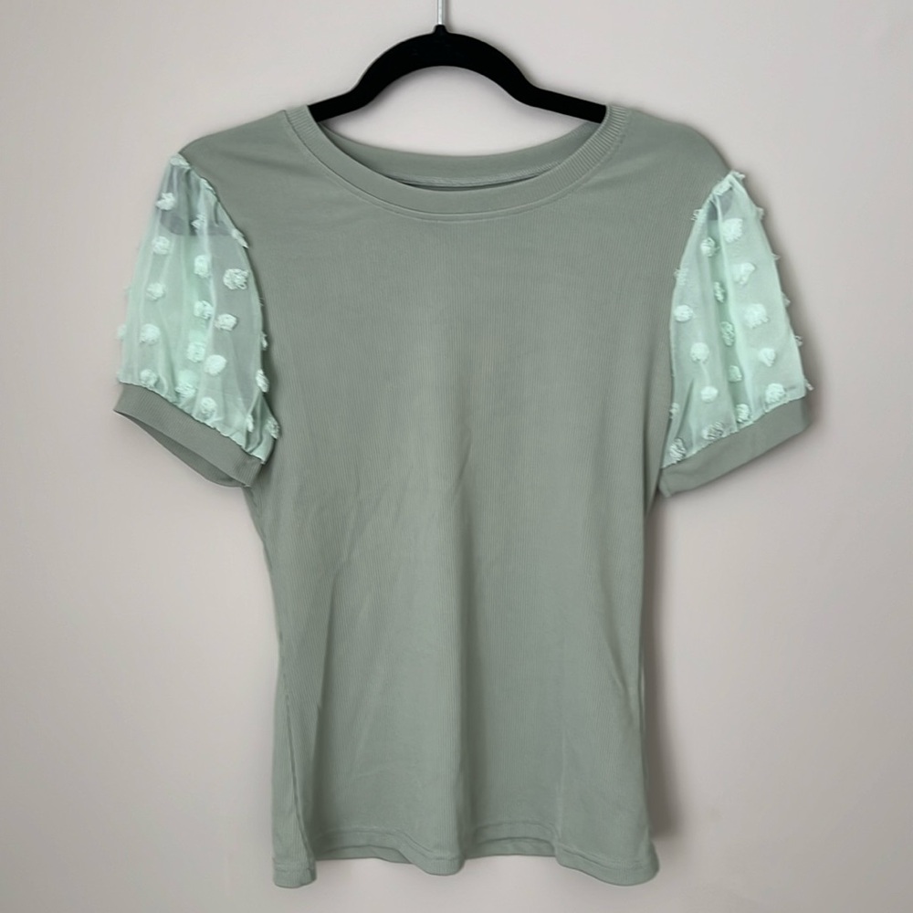 Seafoam Green Fitted Tshirt with Polka Dot Sleeves Size Small